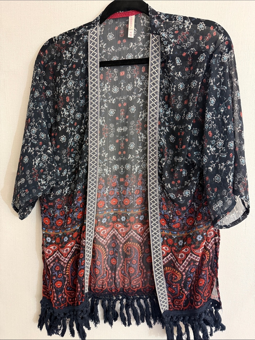 Xhilaration Navy Floral Kimono with blue fringe.
